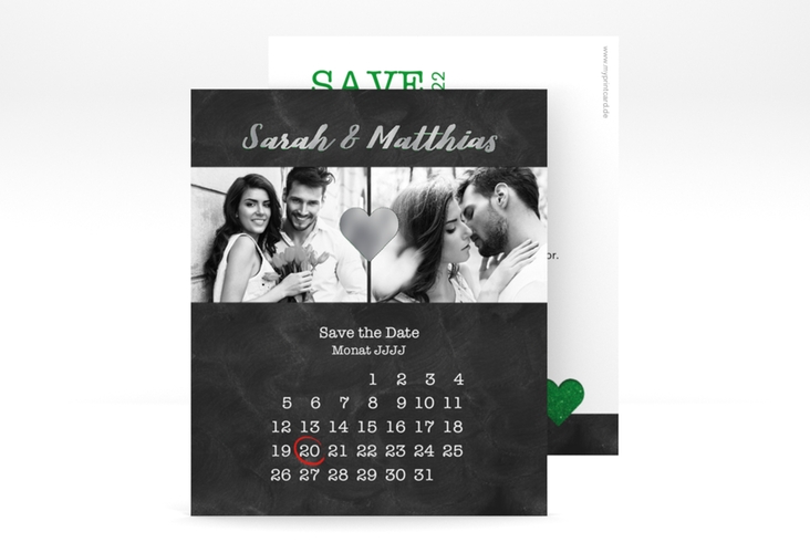 Save the Date-Kalenderblatt Sparkly Kalenderblatt-Karte gruen silber