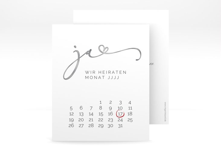 Save the Date-Kalenderblatt Jawort Kalenderblatt-Karte weiss silber modern minimalistisch mit veredelter Aufschrift