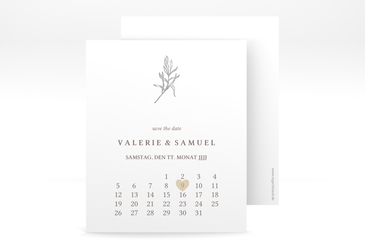 Save the Date-Kalenderblatt Ivy Kalenderblatt-Karte weiss silber minimalistisch mit kleiner botanischer Illustration