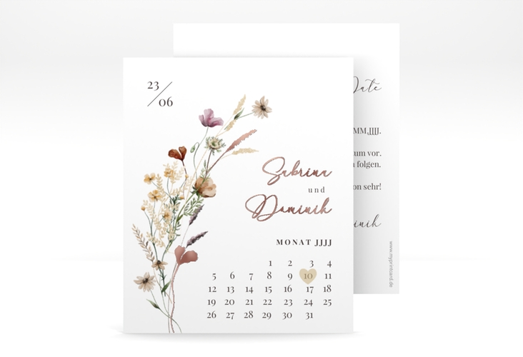 Save the Date-Kalenderblatt Sauvages Kalenderblatt-Karte weiss rosegold mit getrockneten Wiesenblumen