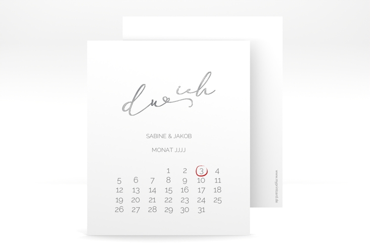 Save the Date-Kalenderblatt Zweisamkeit Kalenderblatt-Karte weiss silber im minimalistischen Stil mit Aufschrift du & ich