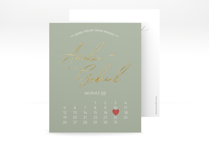 Save the Date-Kalenderblatt Federschrift Kalenderblatt-Karte gruen gold in schlichtem Design mit Kalligrafie