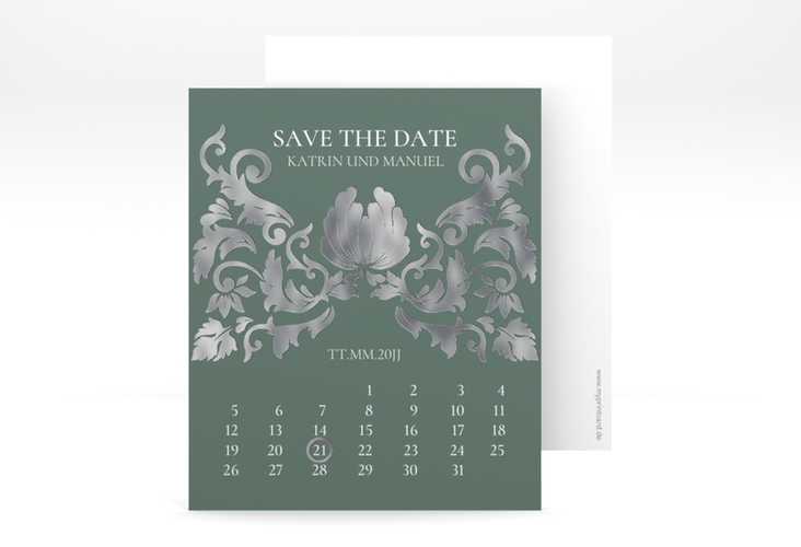 Save the Date-Kalenderblatt Royal Kalenderblatt-Karte gruen silber mit barockem Blumen-Ornament