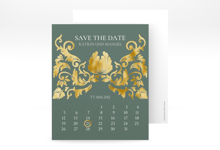 Save the Date-Kalenderblatt Royal Kalenderblatt-Karte gruen gold mit barockem Blumen-Ornament