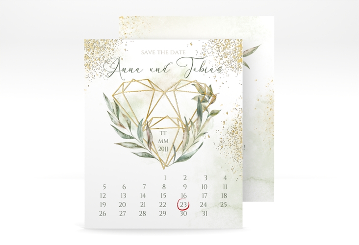 Save the Date-Kalenderblatt Heartfelt Kalenderblatt-Karte weiss gold mit Diamanten im Geometric Design