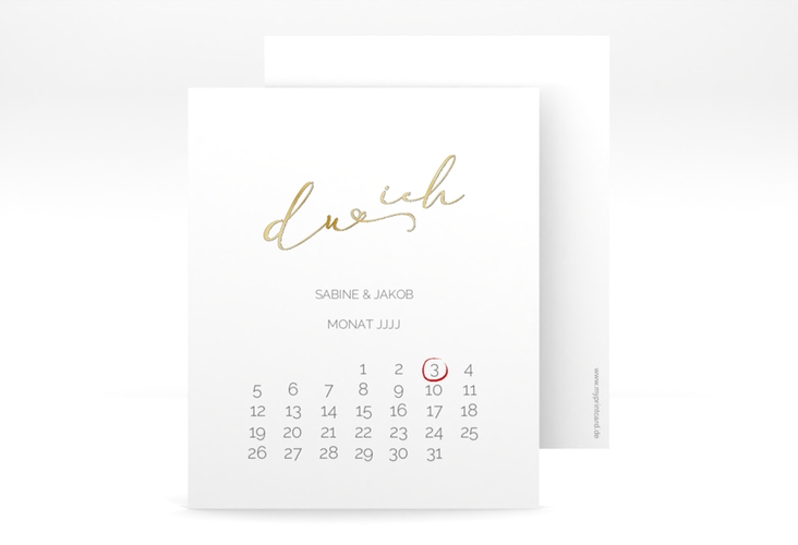 Save the Date-Kalenderblatt Zweisamkeit Kalenderblatt-Karte weiss gold im minimalistischen Stil mit Aufschrift du & ich