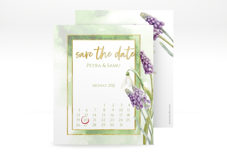 Save the Date-Kalenderblatt Frühling Kalenderblatt-Karte gruen gold mit Frühlingsblumen in Aquarell