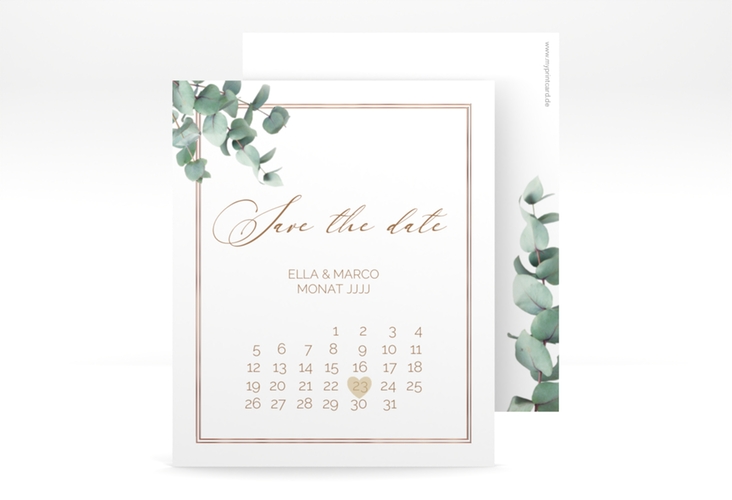 Save the Date-Kalenderblatt Eucalypt Kalenderblatt-Karte weiss rosegold mit Eukalyptus und edlem Rahmen