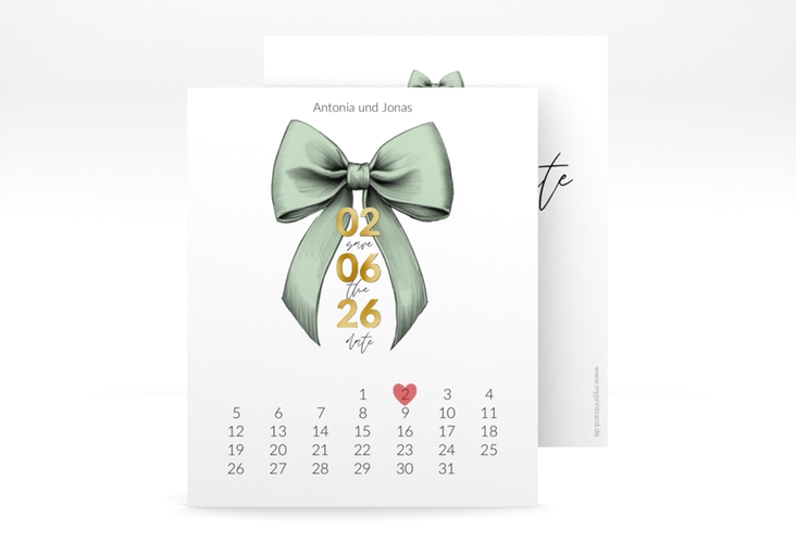 Save the Date-Kalenderblatt Schleife Kalenderblatt-Karte gruen gold