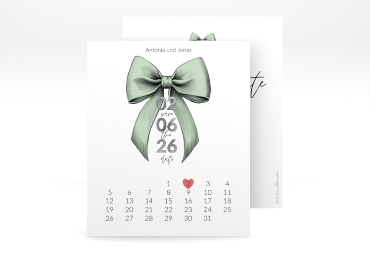 Save the Date-Kalenderblatt Schleife Kalenderblatt-Karte gruen silber