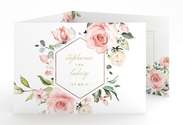 Hochzeitseinladung Graceful A6 Doppel-Klappkarte weiss rosegold mit Rosenblüten in Rosa und Weiß