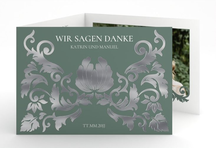 Danksagungskarte Royal A6 Doppel-Klappkarte gruen silber mit barockem Blumen-Ornament