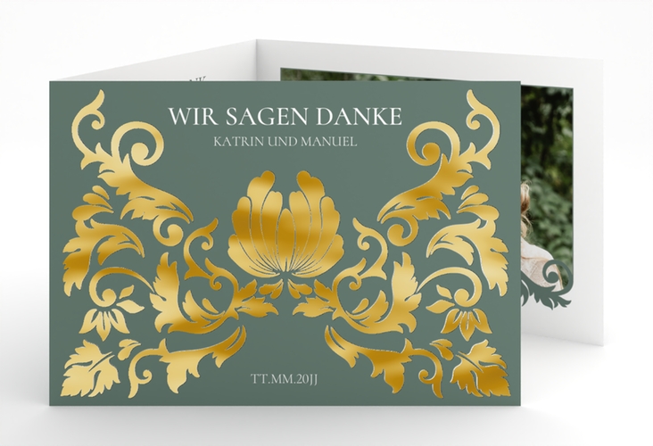 Danksagungskarte Royal A6 Doppel-Klappkarte gruen gold mit barockem Blumen-Ornament