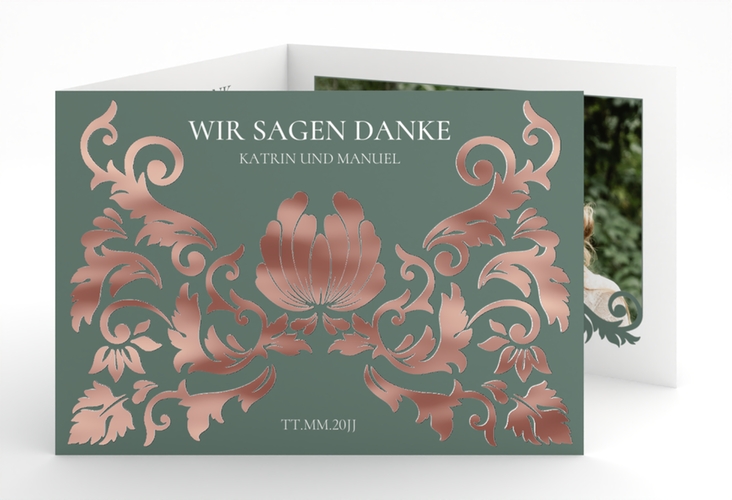 Danksagungskarte Royal A6 Doppel-Klappkarte gruen rosegold mit barockem Blumen-Ornament