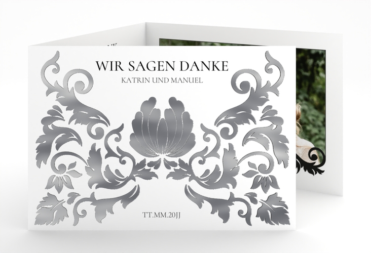 Danksagungskarte Royal A6 Doppel-Klappkarte weiss silber mit barockem Blumen-Ornament