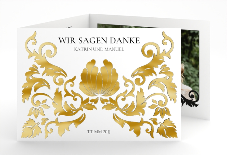 Danksagungskarte Royal A6 Doppel-Klappkarte weiss gold mit barockem Blumen-Ornament