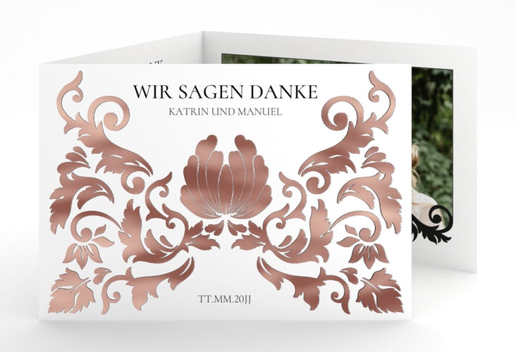 Danksagungskarte Royal A6 Doppel-Klappkarte weiss rosegold mit barockem Blumen-Ornament