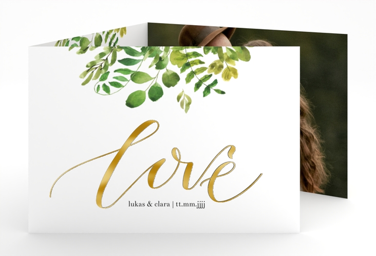 Hochzeitseinladung Botany A6 Doppel-Klappkarte weiss gold