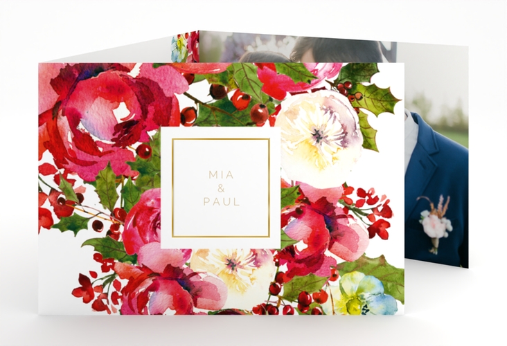Hochzeitseinladung Blumenpracht A6 Doppel-Klappkarte weiss gold