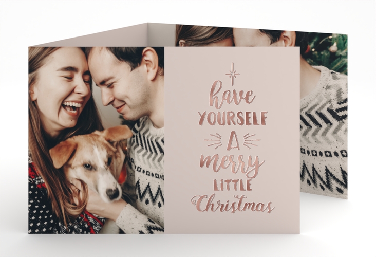 Weihnachtskarte Winterfreuden A6 Doppel-Klappkarte beige rosegold