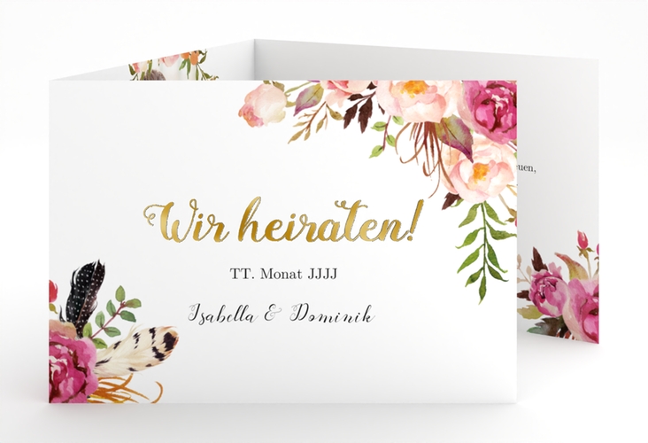 Hochzeitseinladung Flowers A6 Doppel-Klappkarte weiss gold mit bunten Aquarell-Blumen