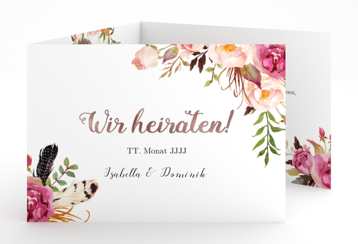 Hochzeitseinladung Flowers A6 Doppel-Klappkarte weiss rosegold mit bunten Aquarell-Blumen