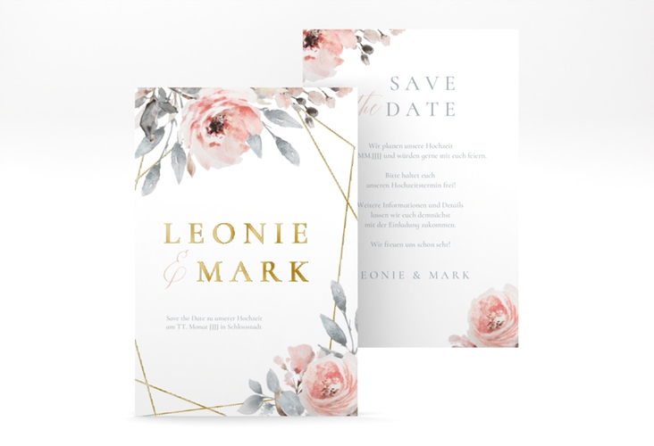 Save the Date-Karte Perfection A6 Karte hoch weiss gold mit rosa Rosen