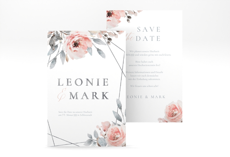 Save the Date-Karte Perfection A6 Karte hoch weiss silber mit rosa Rosen
