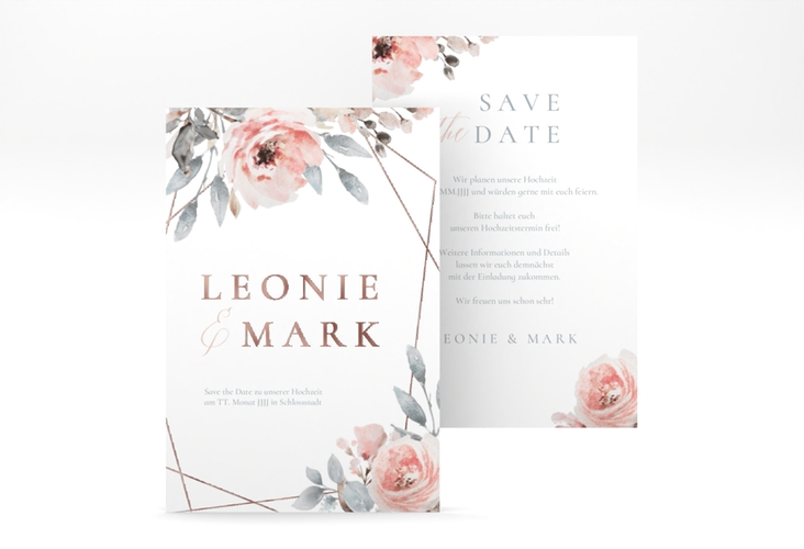 Save the Date-Karte Perfection A6 Karte hoch weiss rosegold mit rosa Rosen