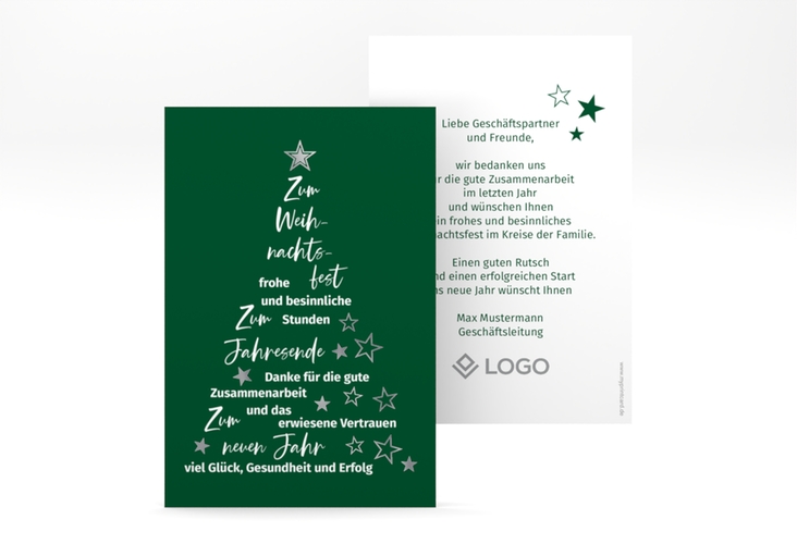 Geschäftliche Weihnachtskarte Oh Tannenbaum A6 Karte hoch gruen silber mit Weihnachtsbaum aus Glückwünschen und Sternen