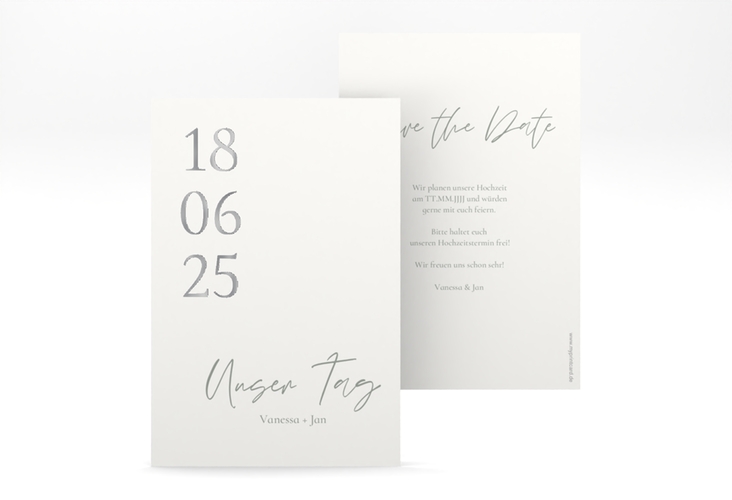 Save the Date-Karte Day A6 Karte hoch weiss silber mit Datum im minimalistischen Design