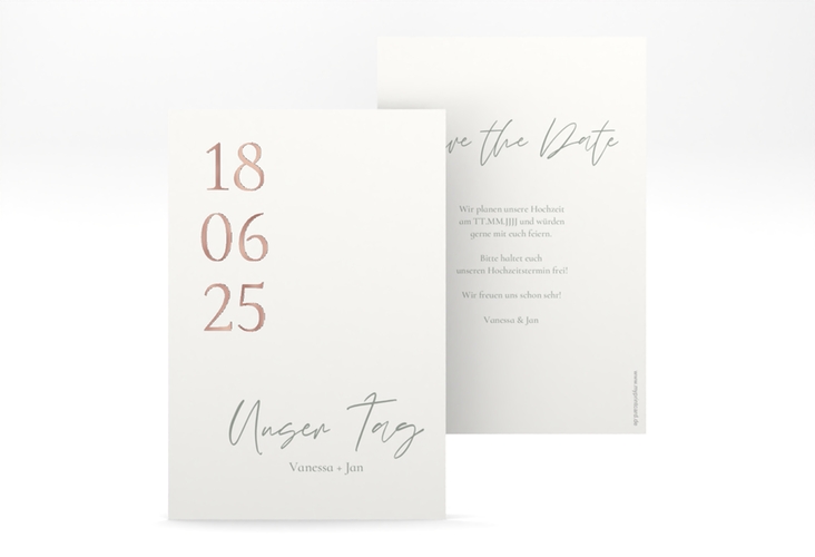 Save the Date-Karte Day A6 Karte hoch weiss rosegold mit Datum im minimalistischen Design