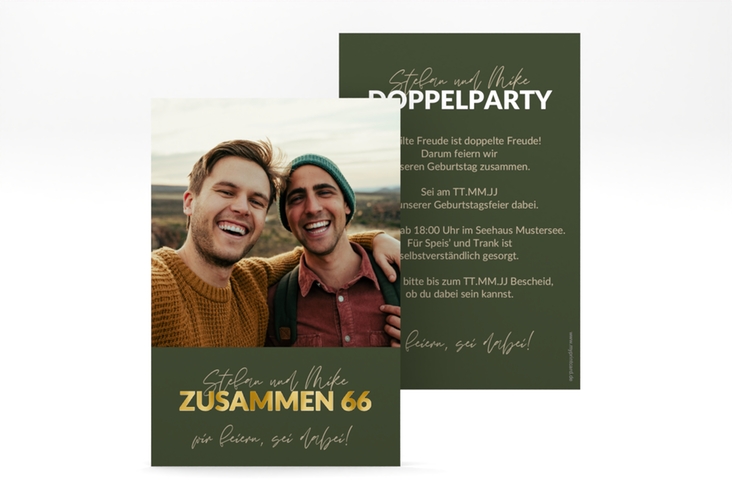Einladung Geburtstag Doppelparty A6 Karte hoch gruen gold