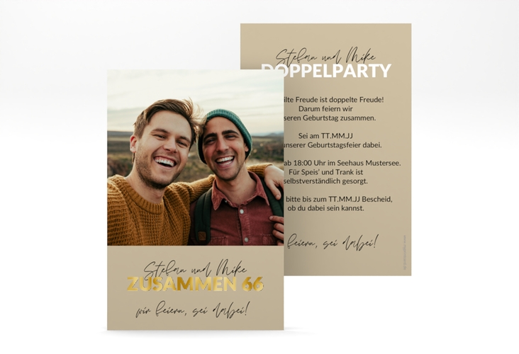 Einladung Geburtstag Doppelparty A6 Karte hoch beige gold