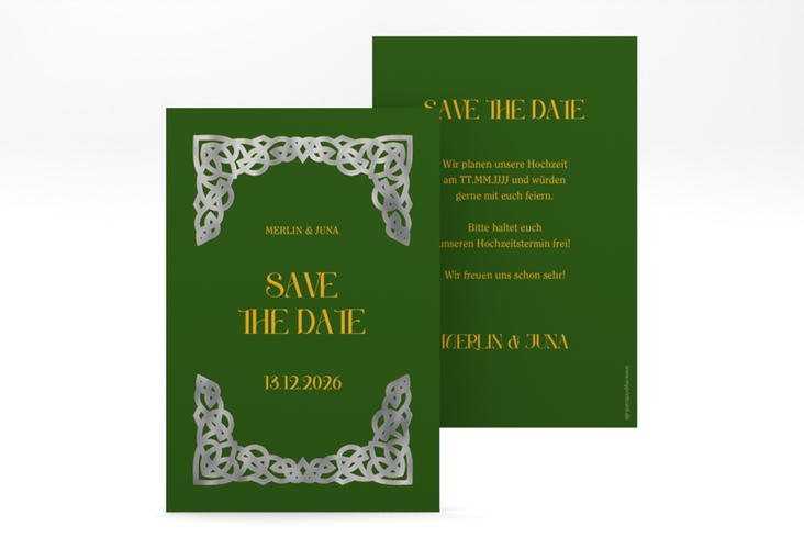 Save the Date-Karte Celtic A6 Karte hoch gruen silber mit keltischem Knoten in irischen Farben