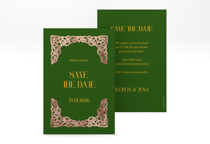 Save the Date-Karte Celtic A6 Karte hoch gruen rosegold mit keltischem Knoten in irischen Farben