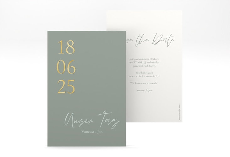 Save the Date-Karte Day A6 Karte hoch gruen gold mit Datum im minimalistischen Design