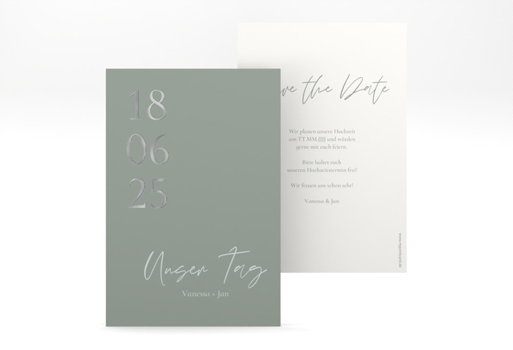 Save the Date-Karte Day A6 Karte hoch gruen silber mit Datum im minimalistischen Design