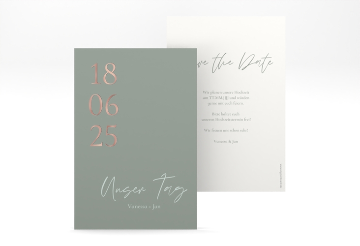Save the Date-Karte Day A6 Karte hoch gruen rosegold mit Datum im minimalistischen Design