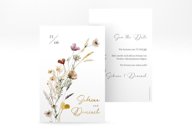 Save the Date-Karte Sauvages A6 Karte hoch weiss gold mit getrockneten Wiesenblumen