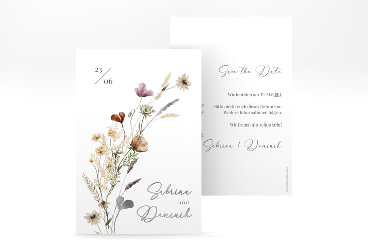 Save the Date-Karte Sauvages A6 Karte hoch weiss silber mit getrockneten Wiesenblumen
