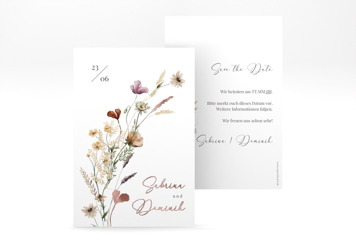 Save the Date-Karte Sauvages A6 Karte hoch weiss rosegold mit getrockneten Wiesenblumen