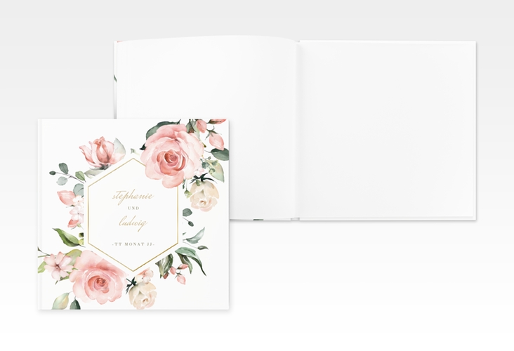 Gästebuch Creation Graceful 20 x 20 cm, Hardcover weiss gold mit Rosenblüten in Rosa und Weiß