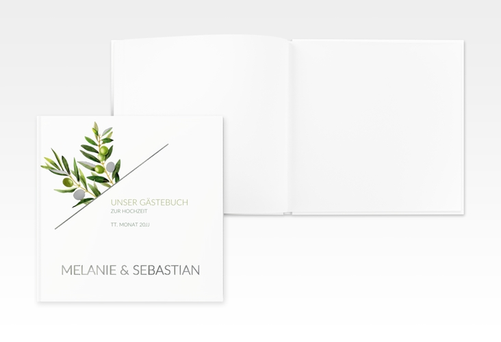 Gästebuch Creation Hochzeit Olivenzweig 20 x 20 cm, Hardcover weiss silber in Kraftpapier-Optik mit Blättern