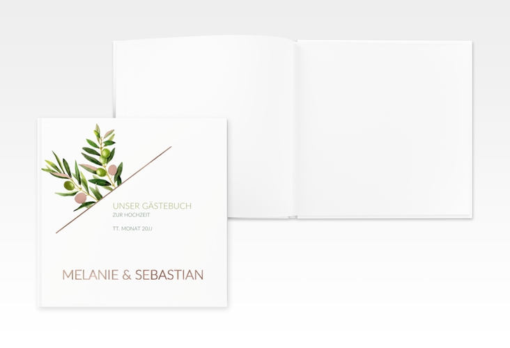 Gästebuch Creation Hochzeit Olivenzweig 20 x 20 cm, Hardcover weiss rosegold in Kraftpapier-Optik mit Blättern