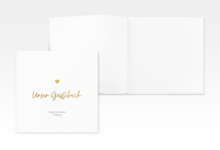 Gästebuch Creation Hochzeit Herzschlag 20 x 20 cm, Hardcover weiss gold schlicht und elegant mit Herzchen