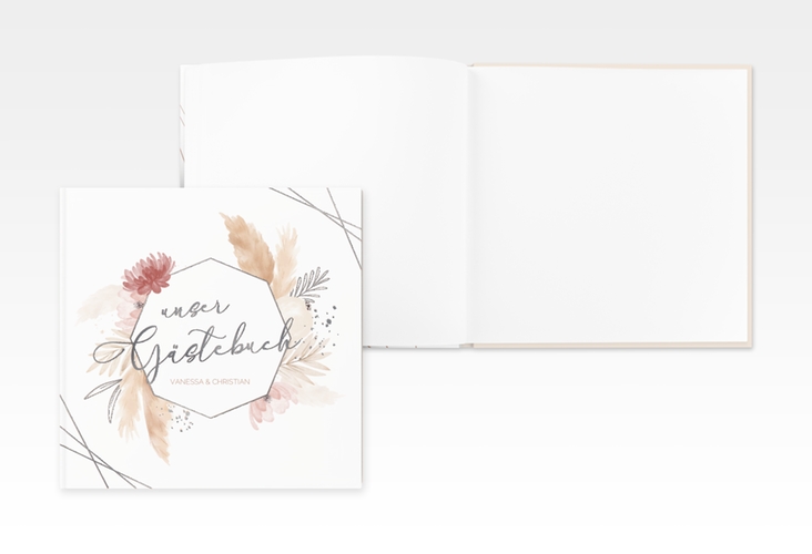 Gästebuch Creation Bohostyle 20 x 20 cm, Hardcover beige silber mit Pampasgras in Aquarell