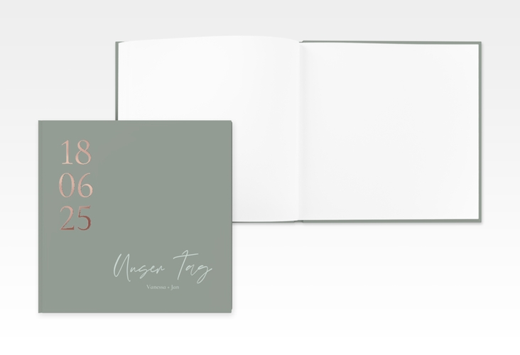 Gästebuch Creation Day 20 x 20 cm, Hardcover gruen rosegold mit Datum im minimalistischen Design