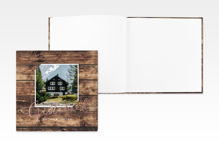 Gästebuch Creation Ferienhaus Jagdhaus 20 x 20 cm, Hardcover braun rosegold in Holz-Optik mit Foto
