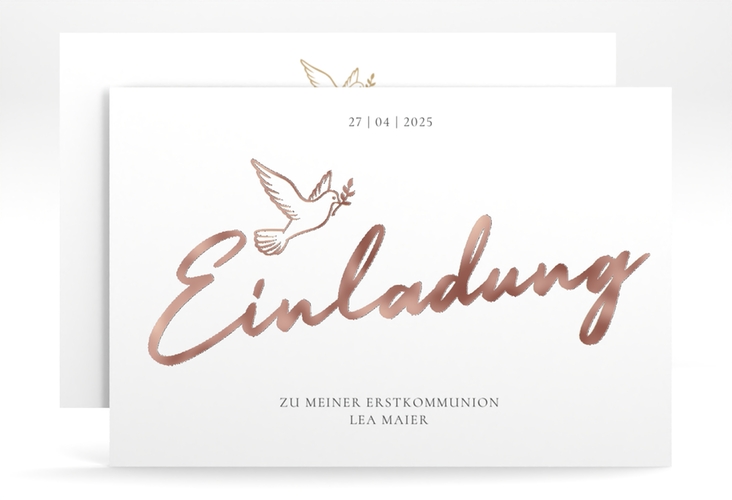 Kommunionseinladung Goldtaube A6 Karte quer weiss rosegold